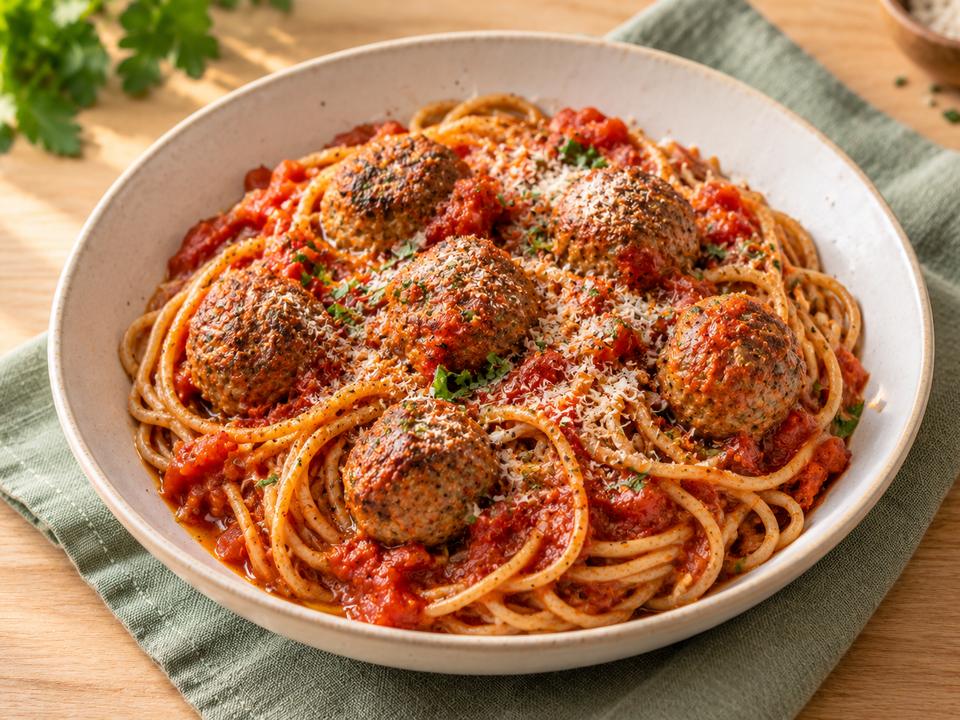 Pâtes complètes & boulettes de bœuf épicées