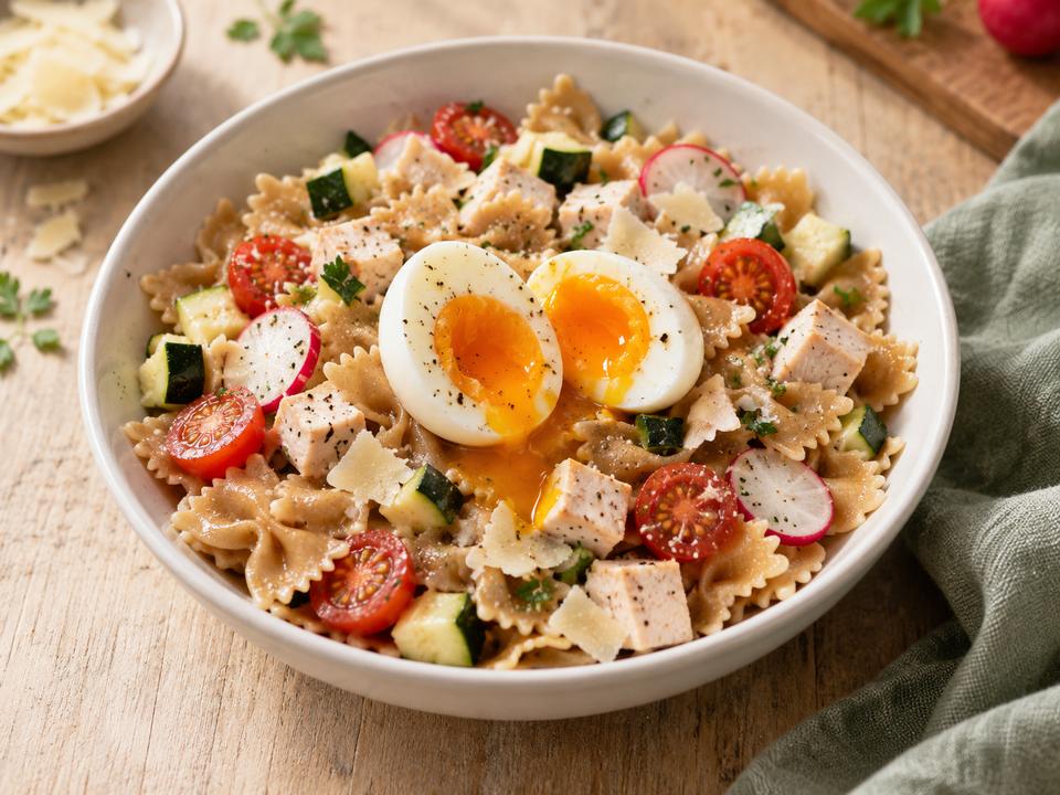 Salade de farfalles complètes, dinde & œuf mollet