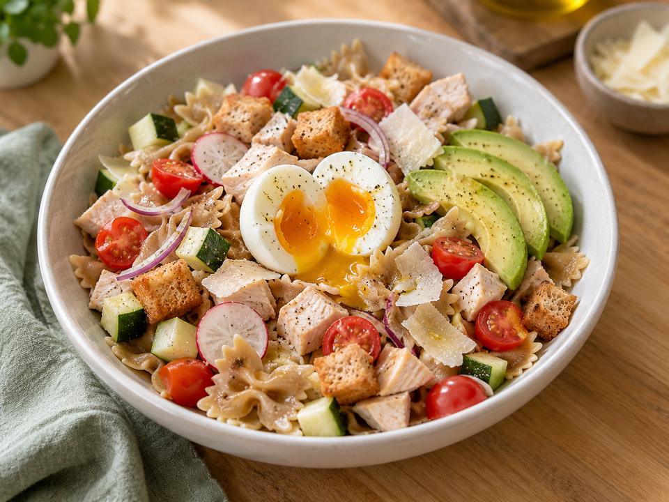 Salade de farfalles au poulet, croûtons & avocat